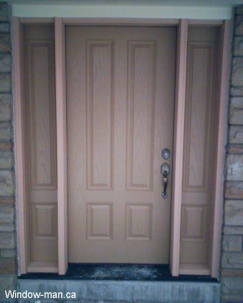 Fiberglass exterior doors and two sidelights. Not stained natural color